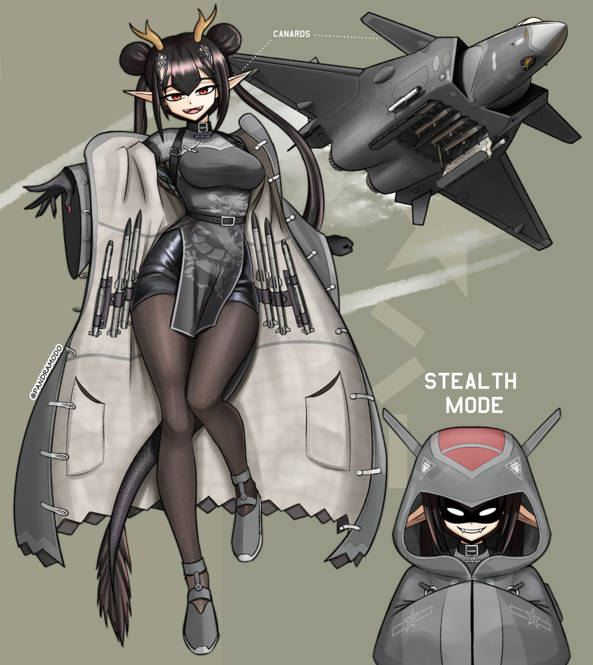 1girl absurdres aircraft airplane breasts canards coat dress english_commentary english_text fangs fighter_jet full_body grey_background grey_coat grey_footwear highres horns j-20 jet long_sleeves military_vehicle missile multiple_views open_clothes open_coat original pandramodo pantyhose parted_lips people's_liberation_army people's_liberation_army_air_force personification pointy_ears simple_background smile standing tail teeth