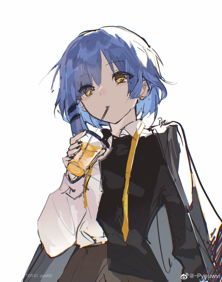 1girl absurdres artist_name asymmetrical_hair black_hairclip blue_hair bocchi_the_rock! cup drinking drinking_straw drinking_straw_in_mouth hair_between_eyes hair_ornament hair_over_one_eye hairclip highres holding holding_cup looking_at_viewer mole mole_under_eye pye_yyy short_hair simple_background solo white_background yamada_ryo yellow_eyes