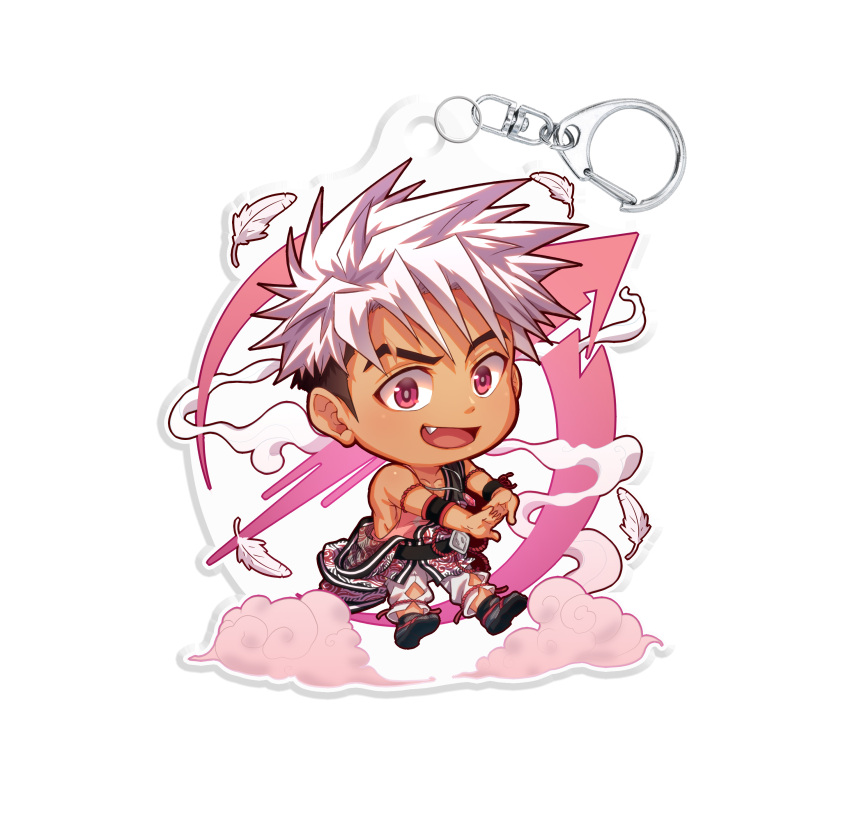 1boy absurdres character_charm charm_(object) chibi clouds fang fang_out feathers full_body highres jock_studio_(blits_games) looking_at_viewer male_focus merchandise mikkoukun nakajima_yuuto open_mouth pink_eyes pink_tank_top shirt short_hair smile solo tank_top transparent_background undercut white_hair white_shirt