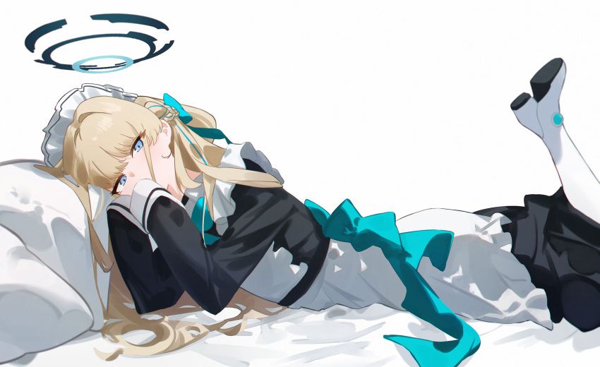 1girl absurdres apron blonde_hair blue_archive blue_bow blue_bowtie blue_eyes blush boots bow bowtie braid covering_own_mouth dress eco_376124 foot_out_of_frame frilled_apron frills hair_spread_out halo head_on_pillow highres leg_up long_dress long_hair long_sleeves looking_at_viewer lying maid maid_apron maid_headdress multicolored_hair on_stomach simple_background streaked_hair toki_(blue_archive) white_background white_footwear