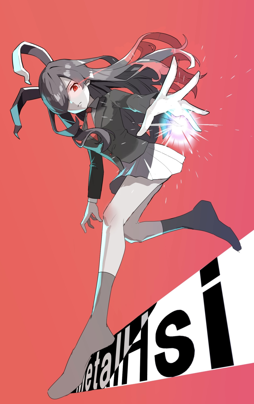 1girl animal_ears black_jacket character_name closed_mouth collared_shirt colored_skin commentary_request cookie_(touhou) eye_trail frown full_body grey_shirt grey_skin grey_skirt grey_socks hair_between_eyes hair_over_one_eye highres hisui_(cookie) jacket light_trail long_bangs long_hair long_sleeves looking_at_viewer magic metal_hisui_(cookie) necktie pleated_skirt rabbit_ears rabbit_girl red_background red_eyes red_necktie reisen_udongein_inaba shirt simple_background skirt socks solo tirano_tenchou touhou