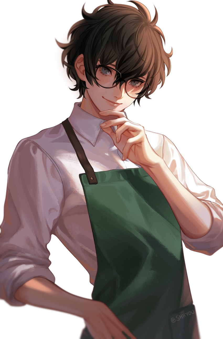 1boy absurdres amamiya_ren apron artist_name black-framed_eyewear black_hair closed_mouth collared_shirt commentary glasses green_apron highres looking_at_viewer male_focus persona persona_5 shiiyou shirt short_hair simple_background smile solo twitter_username upper_body white_background white_shirt