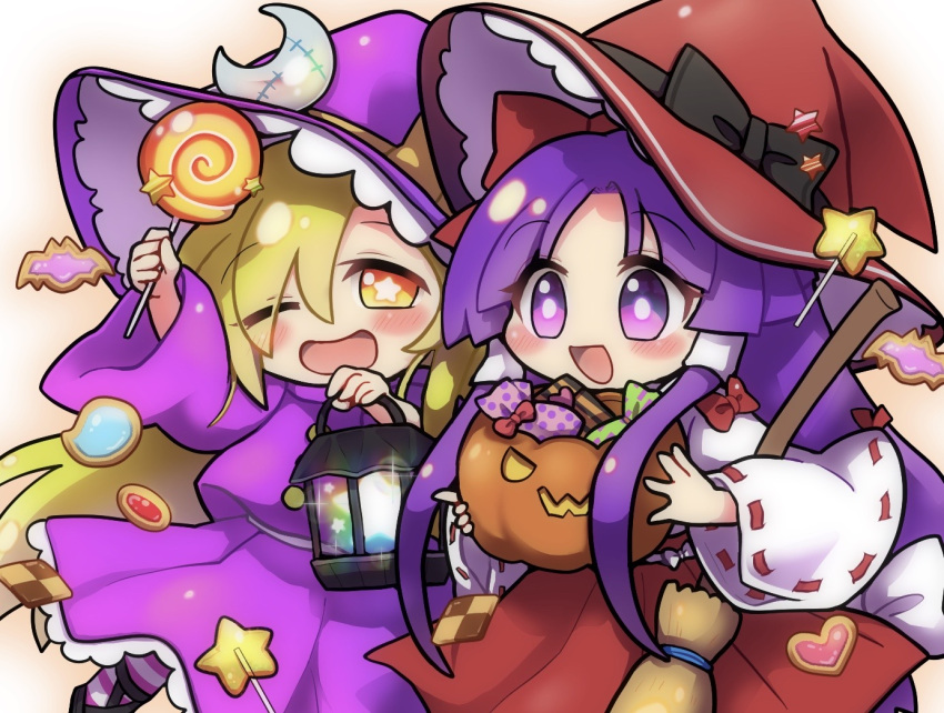 2girls black_bow blonde_hair blush bow broom candy chocolate cookie crescent dress food hair_bow hair_tubes hakama hakurei_reimu hakurei_reimu_(pc-98) halloween hat hat_bow heart-shaped_cookie holding holding_candy holding_food holding_lamp holding_lollipop jack-o'-lantern japanese_clothes kirisame_marisa kirisame_marisa_(pc-98) lollipop long_hair long_sleeves miko mochi547 multiple_girls one_eye_closed open_mouth purple_hair purple_hat purple_shirt purple_skirt red_bow red_hakama red_hat ribbon-trimmed_sleeves ribbon_trim shirt skirt smile star-shaped_pupils star_(symbol) symbol-shaped_pupils touhou touhou_(pc-98) very_long_hair violet_eyes wide_sleeves witch_hat yellow_eyes