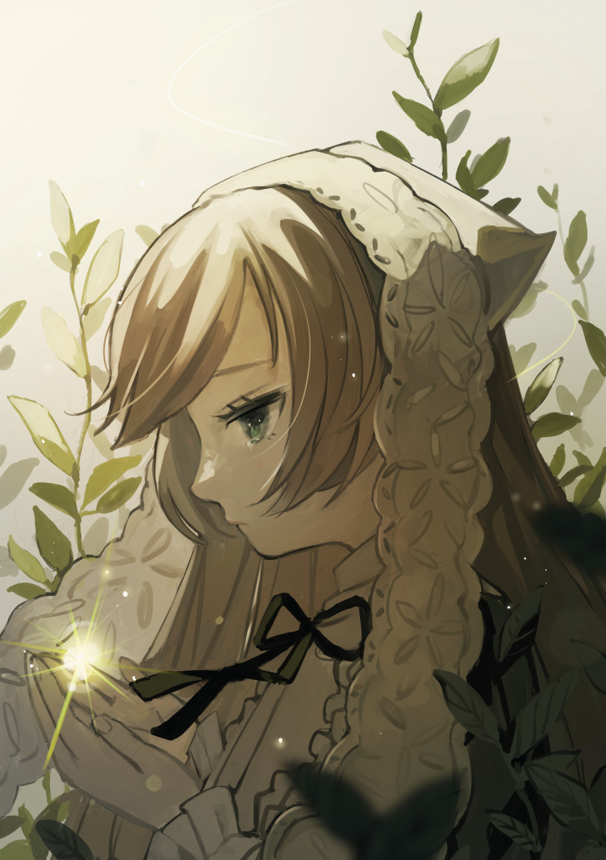 1girl absurdres black_ribbon brown_hair closed_mouth fingernails from_side frown green_eyes head_scarf highres kugaumelo long_hair neck_ribbon plant ribbon rozen_maiden solo suiseiseki tears