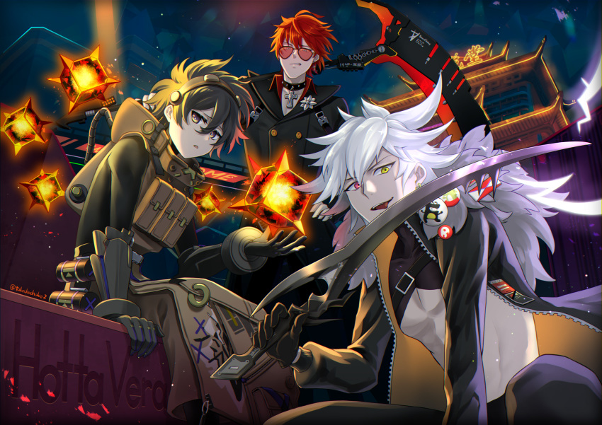 3boys abs black_gloves black_hair crow_(tower_of_fantasy) glasses gloves heterochromia highres king_(tower_of_fantasy) meme_attire multiple_boys open-chest_sweater open_mouth red_eyes redhead scythe short_hair sweater takedachake tower_of_fantasy white_hair yellow_eyes zero_(tower_of_fantasy)