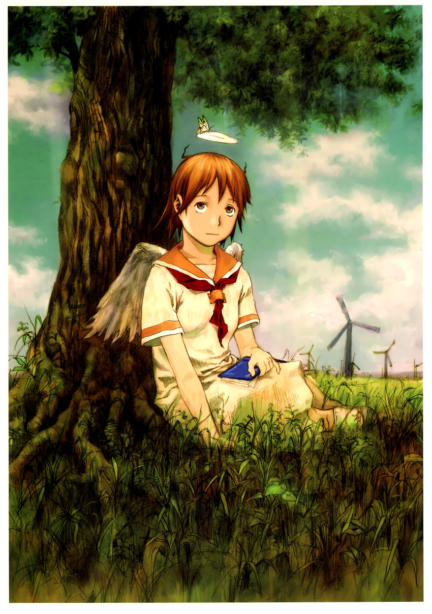 1girl abe_yoshitoshi absurdres angel angel_wings book brown_eyes brown_hair brown_sailor_collar bug butterfly closed_mouth clouds day dress feathered_wings grass haibane_renmei halo highres holding holding_book neckerchief non-web_source orange_sailor_collar outdoors rakka_(haibane) red_neckerchief sailor_collar shirt short_hair short_sleeves sitting sky solo tree under_tree white_butterfly white_shirt wind_turbine wings