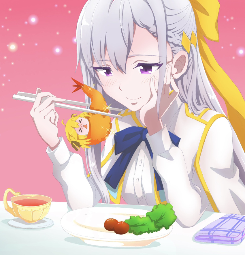 &gt;_&lt; 2girls anisphia_wynn_palettia blonde_hair blush chinese_commentary chopsticks closed_mouth coat commentary_request cup euphyllia_magenta food foodification grey_hair hair_ribbon hand_on_own_face highres holding holding_chopsticks lettuce long_hair long_sleeves looking_at_another medium_hair multiple_girls napkin open_mouth pink_background plate qqwan120 ribbon saucer shrimp shrimp_tempura smile sparkle teacup tempura tensei_oujo_to_tensai_reijou_no_mahou_kakumei tomato violet_eyes white_coat yellow_ribbon yuri