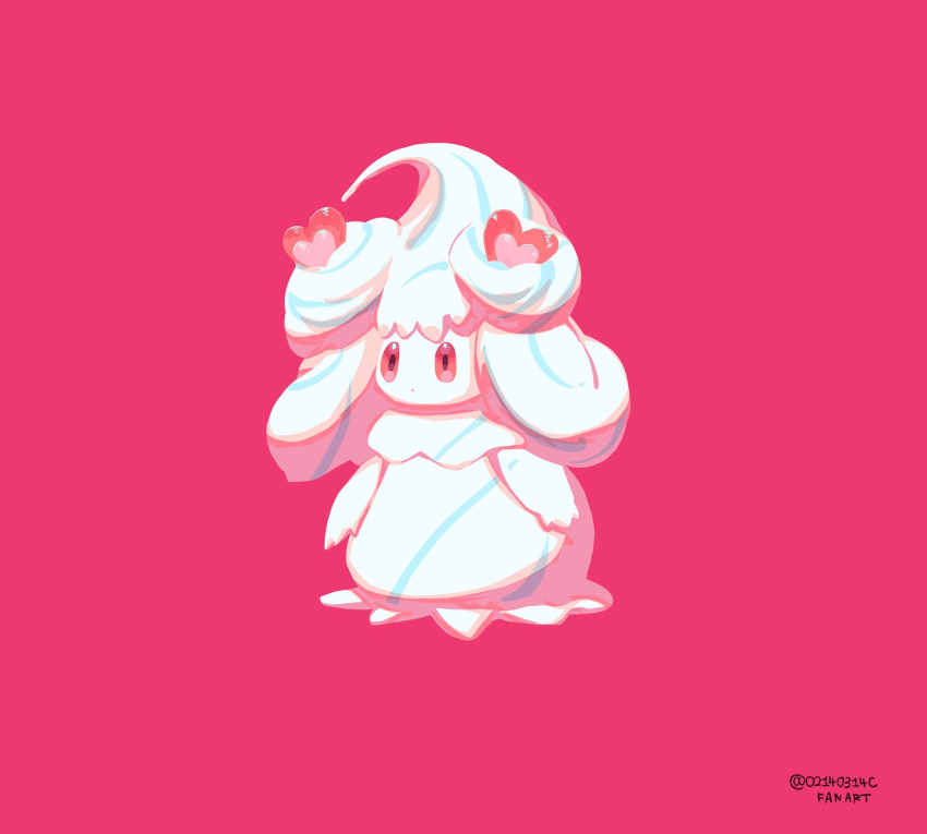 alcremie alcremie_(love_sweet) alcremie_(salted_cream) closed_mouth commentary_request expressionless full_body highres no_humans pink_background pink_eyes pokemon pokemon_(creature) simple_background standing twitter_username valentine_(02140314c)