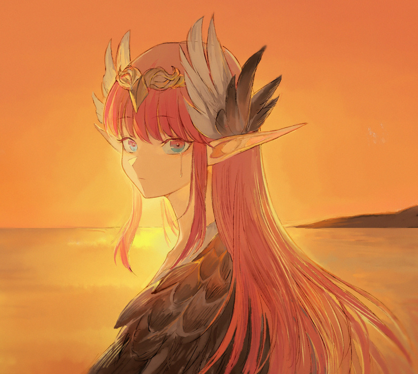 1girl circe_(fate) closed_mouth commentary_request elaine-didaea fate/grand_order fate_(series) feather_hair_ornament feathered_wings feathers hair_ornament highres long_hair orange_sky outdoors pink_hair pointy_ears sidelocks sky solo tearing_up tears tiara very_long_hair wings