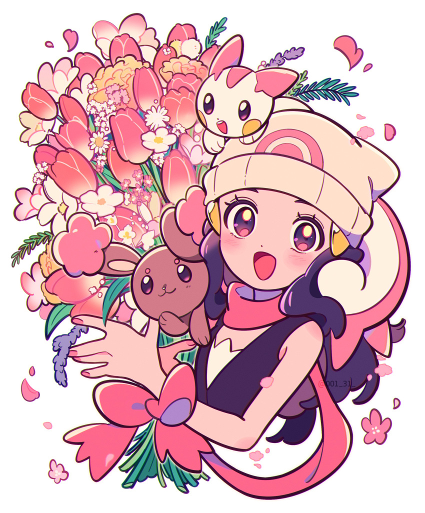 1girl absurdres animal_on_shoulder beanie black_vest blue_eyes blue_hair blush brown_fur buneary chueog commentary dawn flower hat highres hikari_(pokemon) on_head open_mouth pachirisu pink_scarf pink_theme pokemon pokemon_(creature) pokemon_dppt scarf shirt smile symbol-only_commentary tongue tulip upper_body vest white_background white_fur white_hat white_shirt white_tail