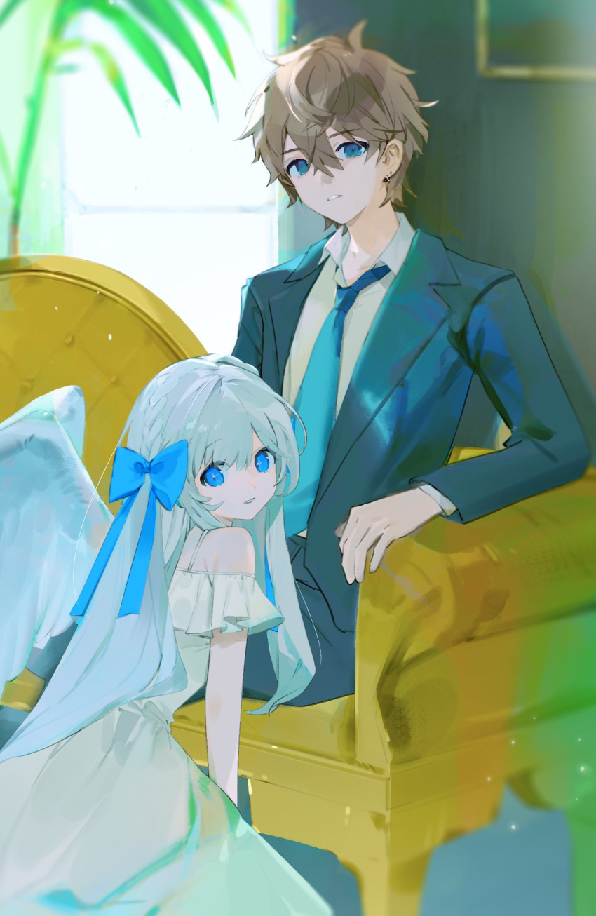 1boy 1girl bare_shoulders black_jacket black_pants blue_bow blue_eyes blue_necktie blurry bow brown_hair chair collared_shirt couch depth_of_field dress feathered_wings formal hair_between_eyes hair_bow highres indoors jacket long_hair long_sleeves looking_at_viewer makagi2 necktie off-shoulder_dress off_shoulder original pants parted_lips plant shirt short_hair sitting smile suit white_dress white_shirt white_wings wings