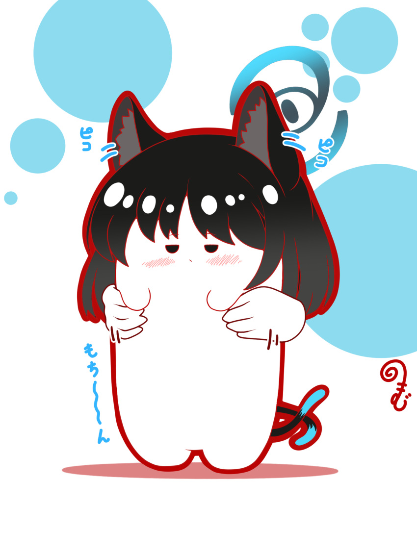 animal_ear_fluff animal_ears black_eyes black_hair blue_archive blush cat_ears cat_tail chibi closed_mouth colored_shadow disembodied_limb full_body halo highres kikyou_(blue_archive) kurukurumagical long_hair motion_lines multiple_tails outline red_outline shadow solo_focus standing tail translation_request two_tails white_background