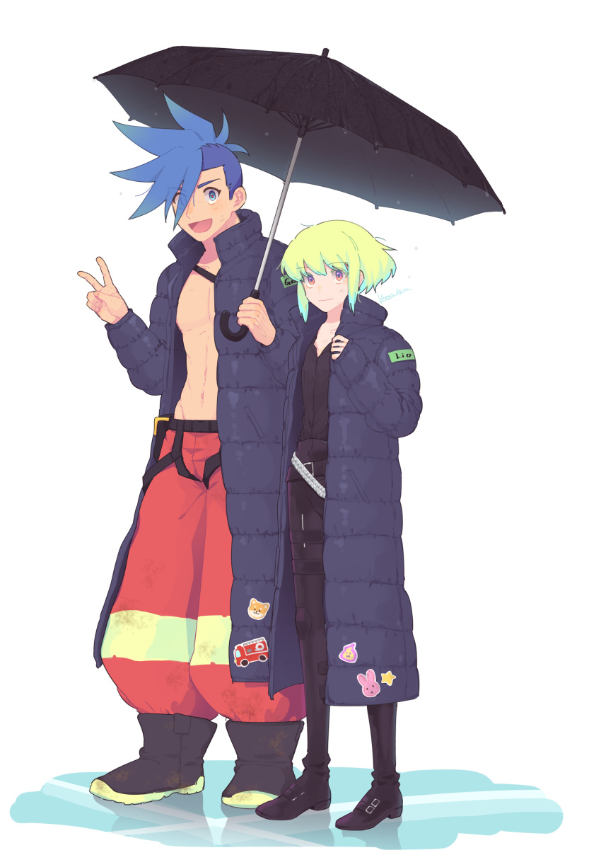 2boys abs absurdres androgynous artist_name belt black_belt blue_eyes blue_hair boots buzz_cut character_name commentary_request firefighter full_body galo_thymos green_hair highres holding holding_umbrella jacket kome_1022 lio_fotia looking_at_viewer male_focus multicolored_eyes multiple_boys open_clothes open_jacket open_mouth orange_eyes pants promare rabbit red_pants shiba_inu short_hair sidelocks simple_background smile sticker umbrella v very_short_hair violet_eyes white_background