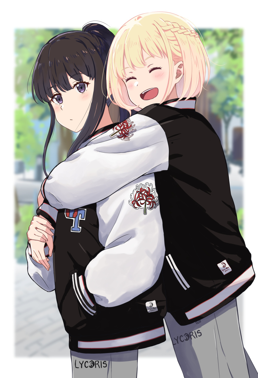 2girls ^_^ absurdres black_hair black_jacket blonde_hair blurry blurry_background blush bob_cut border chai_haru closed_eyes closed_mouth commentary_request copyright_name floral_print flower grey_pants half_up_braid hand_in_pocket highres holding_another's_wrist hug hug_from_behind inoue_takina jacket long_hair long_sleeves looking_at_viewer lycoris_recoil multiple_girls nishikigi_chisato open_mouth outdoors outside_border pants ponytail raglan_sleeves short_hair sidelocks spider_lily teeth upper_teeth_only violet_eyes white_border white_sleeves yuri