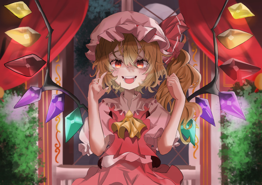 1girl absurdres andreanochandr1 ascot blonde_hair crystal_wings fang flandre_scarlet frills hair_ribbon hand_up hat highres indoors mob_cap open_mouth puffy_short_sleeves puffy_sleeves red_eyes red_ribbon ribbon short_sleeves side_ponytail solo teeth touhou upper_body upper_teeth_only yellow_ascot