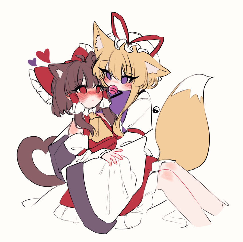 2girls absurdres animal_ear_fluff animal_ears ascot blonde_hair blush bow brown_hair cat_ears cat_tail commentary_request detached_sleeves food_in_mouth fox_ears fox_tail frilled_bow frilled_hair_tubes frills hair_bow hair_tubes hakurei_reimu hat hat_ribbon heart heart_tail highres korean_commentary long_hair long_sleeves mob_cap multiple_girls purple_tabard red_bow red_eyes red_skirt ribbon ribbon-trimmed_sleeves ribbon_trim sitting sitting_on_lap sitting_on_person skirt skirt_set tabard tail tohou89 touhou violet_eyes yakumo_yukari yellow_ascot yin_yang yuri