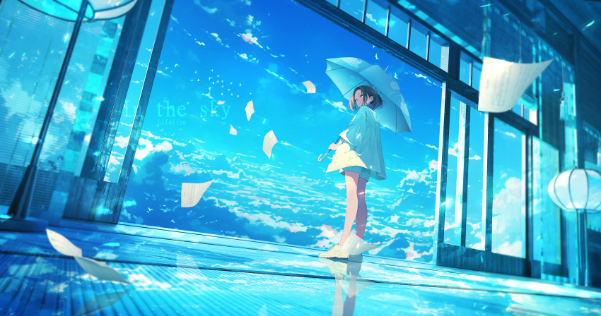 1girl absurdres blue_sky blue_theme blue_umbrella brown_hair character_request clouds cloudy_sky commentary_request copyright_request english_text floral_print highres holding holding_umbrella lifeline_(a384079959) looking_back paper reflection short_hair short_shorts shorts sky solo tatami umbrella white_footwear