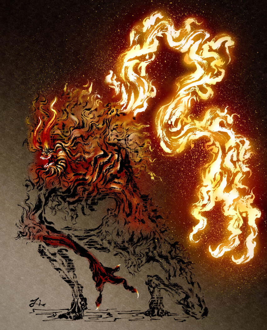 absurdres amputee beard claws deadpool_yuchan demon demon_horns demon_of_hatred emaciated facial_hair fewer_digits fire flaming_hand highres horns long_beard long_hair missing_limb monster monster_focus no_humans open_mouth partially_colored redhead sekiro:_shadows_die_twice signature solo sumi-e