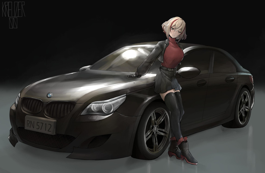 1girl azur_lane belt black_footwear black_jacket black_skirt black_thighhighs blonde_hair bmw bmw_m5 boots car closed_mouth commentary english_commentary hair_between_eyes head_tilt high_heel_boots high_heels highres jacket kreuzer_00 looking_at_viewer mechanical_hands motor_vehicle multicolored_hair red_sweater roon_(azur_lane) short_hair skirt smile solo sports_car standing streaked_hair sweater thigh-highs turtleneck turtleneck_sweater vehicle_focus yellow_eyes