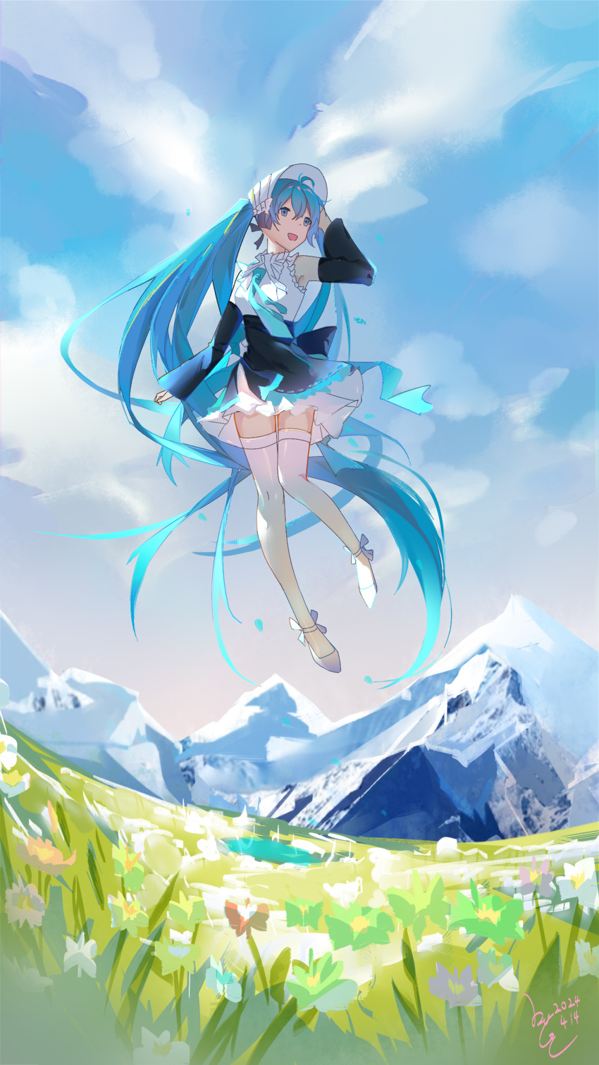 1girl absurdly_long_hair absurdres aqua_eyes aqua_hair aqua_necktie black_skirt black_sleeves blue_sky chinese_commentary clouds cloudy_sky commentary_request dated_commentary day detached_sleeves field floating flower flower_field frilled_shirt frilled_shirt_collar frills full_body grass hatsune_miku highres long_hair long_sleeves miniskirt mountain mountainous_horizon necktie open_mouth outdoors shirt shoes skirt sky smile solo thigh-highs twintails very_long_hair vocaloid wen_chen white_hat white_shirt white_thighhighs