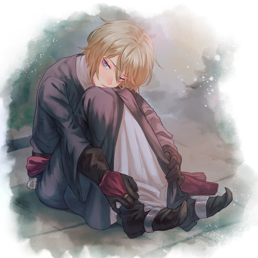 1boy auch_(unicorn_overlord) bishounen black_robe blonde_hair blue_eyes blush boots commentary_request full_body gloves hair_between_eyes highres knees_up lips looking_at_viewer male_focus on_ground outdoors robe short_hair simple_background sitting solo unicorn_overlord yatyou6666