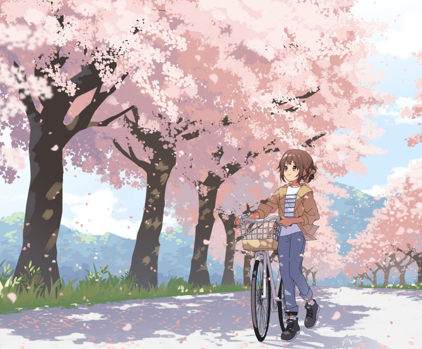 1girl arisa_(aren) bicycle black_footwear blue_pants blush boots brown_eyes brown_hair brown_jacket cherry_blossoms closed_mouth dappled_sunlight day denim falling_petals grass hair_bun highres jacket jeans long_sleeves looking_up open_clothes open_jacket original outdoors pants pants_rolled_up petals road scenery shadow shirt short_hair signature sleeves_pushed_up smile solo striped_clothes striped_shirt sunlight walking walking_bike white_shirt wide_shot
