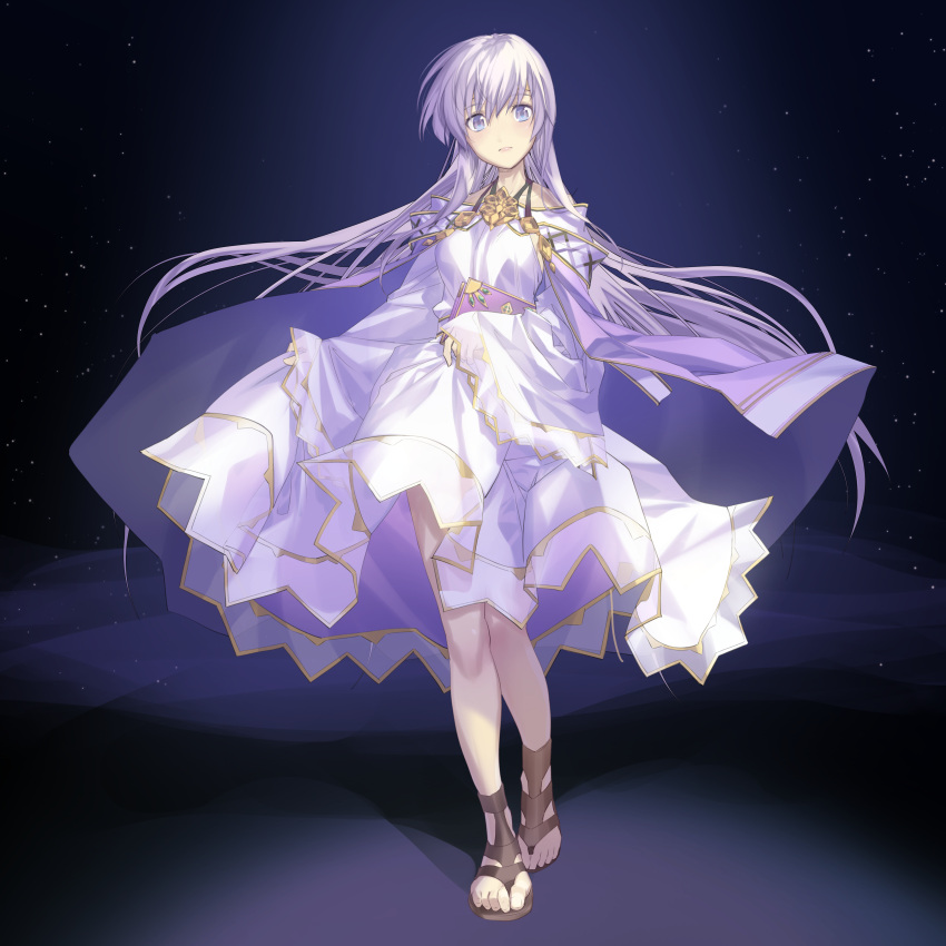 1girl absurdres aikura_chihiro cape dress fire_emblem fire_emblem:_genealogy_of_the_holy_war highres julia_(fire_emblem) long_hair looking_at_viewer open_mouth purple_cape purple_hair sandals simple_background solo violet_eyes wide_sleeves
