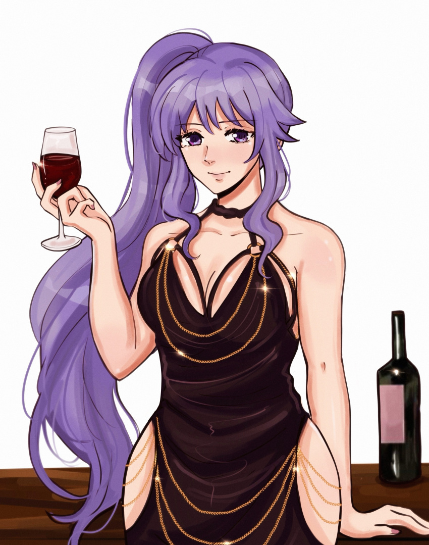 1girl absurdres alcohol black_dress bottle commission commissioner_upload cup dress drinking_glass fire_emblem highres holding holding_cup hunnymzdraws ishtar_(fire_emblem) jewelry long_hair purple_hair side_ponytail table violet_eyes wine wine_bottle wine_glass