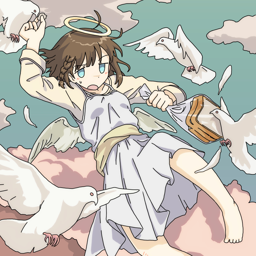 1girl absurdres angel angel_wings bird blue_eyes bread brown_hair clouds dove dress ennui_orz flying food halo highres open_mouth original shadow shirt white_dress wings yellow_shirt