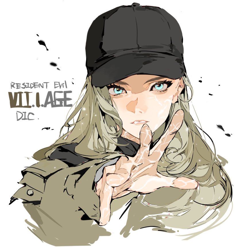 1girl baseball_cap black_hat black_sweater blonde_hair blue_eyes close-up green_jacket hat highres jacket looking_ahead looking_at_viewer outstretched_arm outstretched_hand parted_lips portrait reaching reaching_towards_viewer resident_evil resident_evil_village rosemary_winters simple_background solo straight_hair sweater teeth white_background yuirua55234