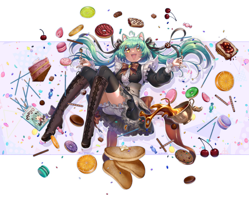 1girl ahoge animal_ears black_ribbon black_thighhighs bloomers boots bow brown_footwear cake cake_slice candy cat_ears cat_girl cherry cross-laced_footwear doughnut floating food fork frilled_skirt frills fruit girl_dm girl_dm_(magical_girl) green_hair hair_ribbon heart heart_ahoge highres holding holding_fork holding_spoon indie_virtual_youtuber knee_boots lime_(fruit) lime_slice long_hair long_sleeves looking_at_viewer macaron open_mouth orange_(fruit) orange_slice pancake pocky red_bow ribbon skirt smile solo spoon strawberry strawberry_slice thigh-highs twintails twitter_username virtual_youtuber white_bloomers yajuuraku yellow_eyes