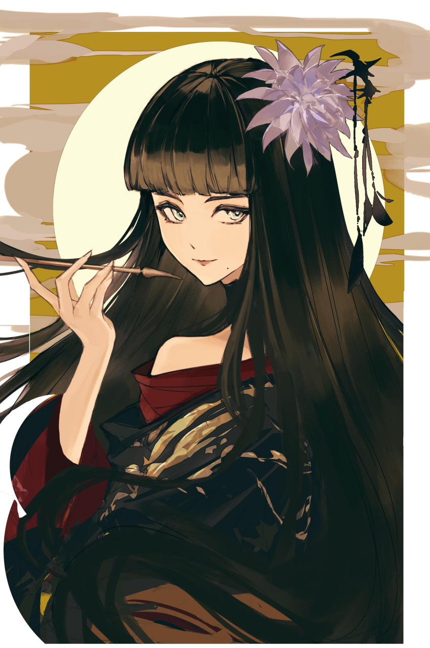 1girl absurdres bare_shoulders black_collar black_hair black_kimono blunt_bangs border collar final_fantasy final_fantasy_xiv flower from_behind full_moon grey_eyes hair_flower hair_ornament hair_stick hand_up highres holding holding_smoking_pipe huge_moon hyur japanese_clothes kimono kiseru light_smile long_hair looking_at_viewer looking_back lrena mole mole_under_mouth moon outside_border red_trim simple_background smoke smoking_pipe solo straight_hair upper_body white_border yellow_background yotsuyu_goe_brutus