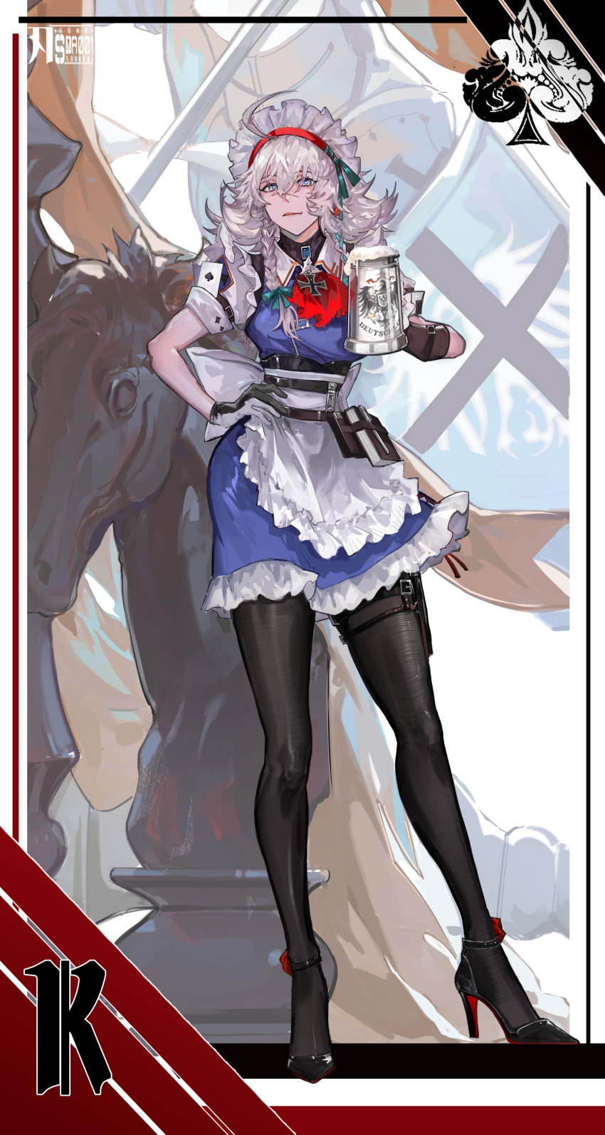 1girl absurdres ace_(playing_card) ace_of_spades alcohol apron beer beer_stein black_pantyhose blue_dress blue_eyes card cross dress german_empire german_text hand_on_own_hip high_heels highres iron_cross izayoi_sakuya maid maid_apron maid_headdress pantyhose playing_card reichsadler solo spade_(shape) touhou white_apron white_hair xiuchundao