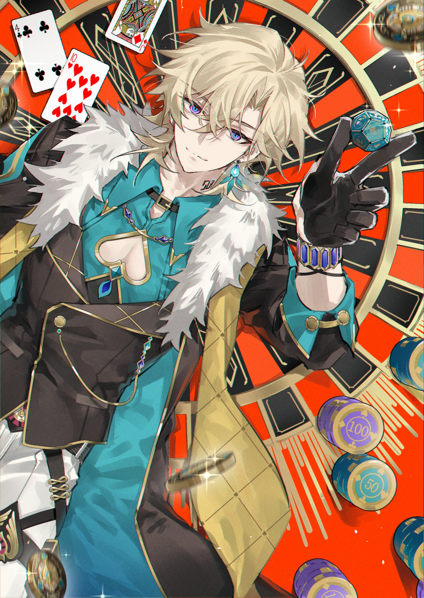 1boy absurdres aqua_shirt aventurine_(honkai:_star_rail) black_gloves blonde_hair bracelet card closed_mouth clothing_cutout collared_shirt dice earrings fur_trim gloves hair_between_eyes highres holding holding_dice honkai:_star_rail honkai_(series) jewelry looking_at_viewer male_focus pectoral_cleavage pectorals playing_card poker_chip roulette_table shidare_(youh4016) shirt short_hair solo table