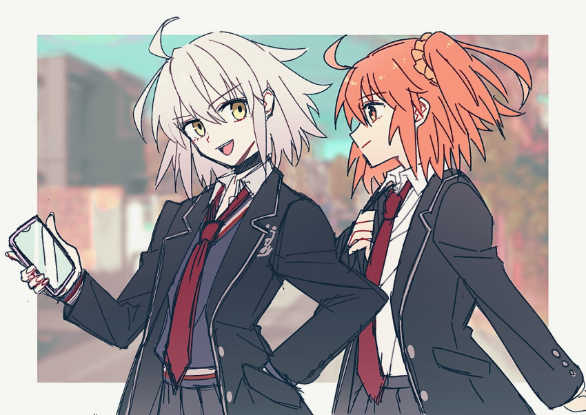 2girls :d ahoge arm_at_side black_jacket blue_sweater blurry blurry_background border cellphone closed_mouth collared_shirt cowboy_shot fate/grand_order fate_(series) fujimaru_ritsuka_(female) grey_skirt hair_between_eyes hair_ornament hair_scrunchie hand_in_pocket hand_on_own_chest hand_up highres holding holding_phone jacket jeanne_d'arc_alter_(fate) lapels long_sleeves looking_at_another multiple_girls necktie notched_lapels official_alternate_costume one_side_up open_clothes open_jacket open_mouth orange_eyes orange_hair outside_border phone photo_background pleated_skirt red_necktie ruko072 school_uniform scrunchie shirt short_hair skirt smartphone smile sweater white_border white_hair white_shirt wing_collar yellow_eyes yellow_scrunchie