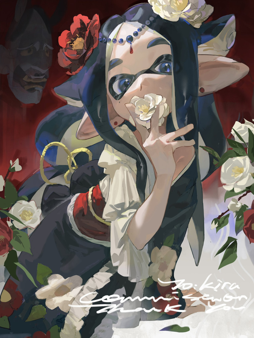 1boy androgynous asymmetrical_sleeves black_hair black_kimono blue_eyes blue_hair commission earrings erming225 facing_viewer flower flower_in_mouth flower_to_mouth forehead hair_flower hair_ornament hand_rest hand_up highres holding holding_flower inkling inkling_boy inkling_player_character japanese_clothes jewelry kimono leaning leaning_forward long_hair looking_at_viewer mole mole_under_eye off_shoulder painterly parted_bangs pointy_ears red_flower red_sash sash signature splatoon_(series) stud_earrings tentacle_hair thick_eyebrows white_flower