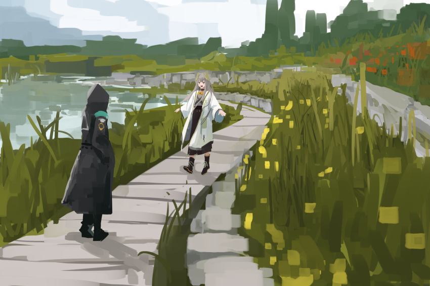 1girl 1other :d absurdres arknights black_choker black_coat brown_hair choker coat commentary doctor_(arknights) english_commentary full_body hands_in_pockets highres hood hooded_coat jacket lake laurel_crown long_hair long_sleeves looking_at_another mountainous_horizon muelsyse_(arknights) myticalcat nature open_clothes open_coat outdoors painterly path skirt smile standing very_long_hair white_skirt yellow_eyes