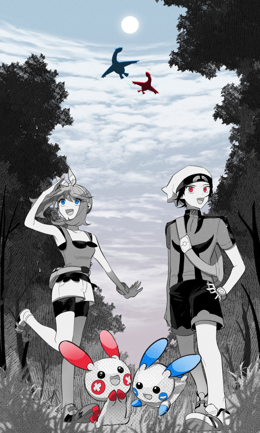 1boy 1girl :d absurdres bare_shoulders blue_eyes bow brendan_(pokemon) clouds cloudy_sky dda_sso forest full_body hair_bow hand_on_own_hip hat highres latias latios may_(pokemon) minun nature open_mouth outdoors plusle pokemon pokemon_(creature) pokemon_adventures red_eyes shirt shorts sky sleeveless sleeveless_shirt smile sun tree