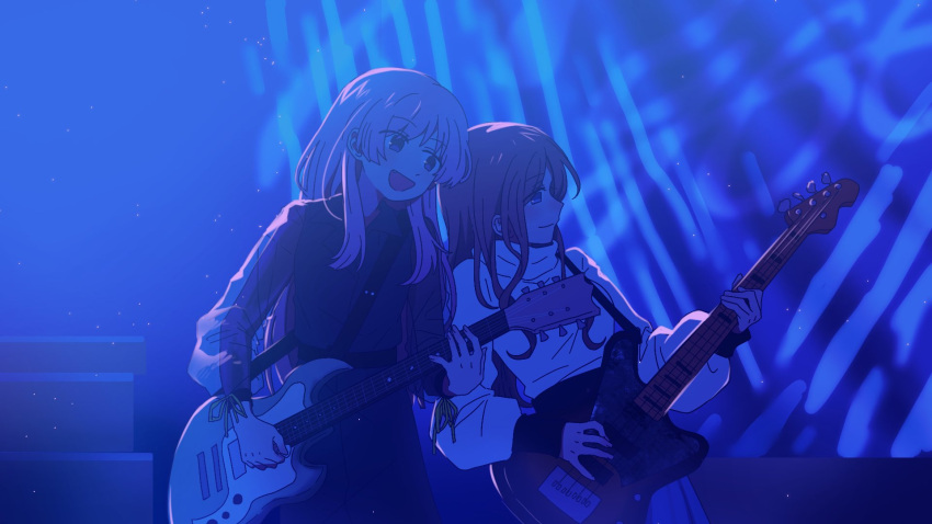 2girls artist_request bang_dream! bang_dream!_it's_mygo!!!!! bass_guitar black_shirt blue_eyes brown_hair chihaya_anon closed_mouth commentary commission electric_guitar english_commentary fang grey_eyes guitar highres holding holding_guitar holding_instrument instrument light_particles long_hair long_sleeves multiple_girls nagasaki_soyo open_mouth outdoors pink_hair playing_guitar second-party_source see-through see-through_sleeves shirt skirt smile sweater turtleneck turtleneck_sweater white_sweater