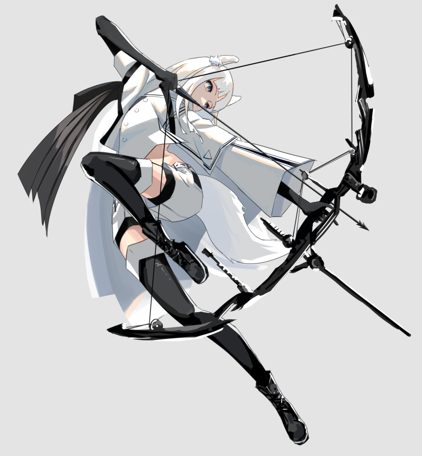 1girl aiming animal_ear_fluff animal_ears arknights bike_shorts bike_shorts_under_shorts black_footwear black_gloves black_thighhighs boots bow_(weapon) bright_pupils compound_bow drawing_bow full_body gloves grey_background highres holding holding_bow_(weapon) holding_weapon horse_ears horse_tail knee_up long_sleeves midriff platinum_(arknights) shirt shorts simple_background solo tail thigh-highs weapon white_hair white_shirt white_shorts wuschelminityp yellow_eyes