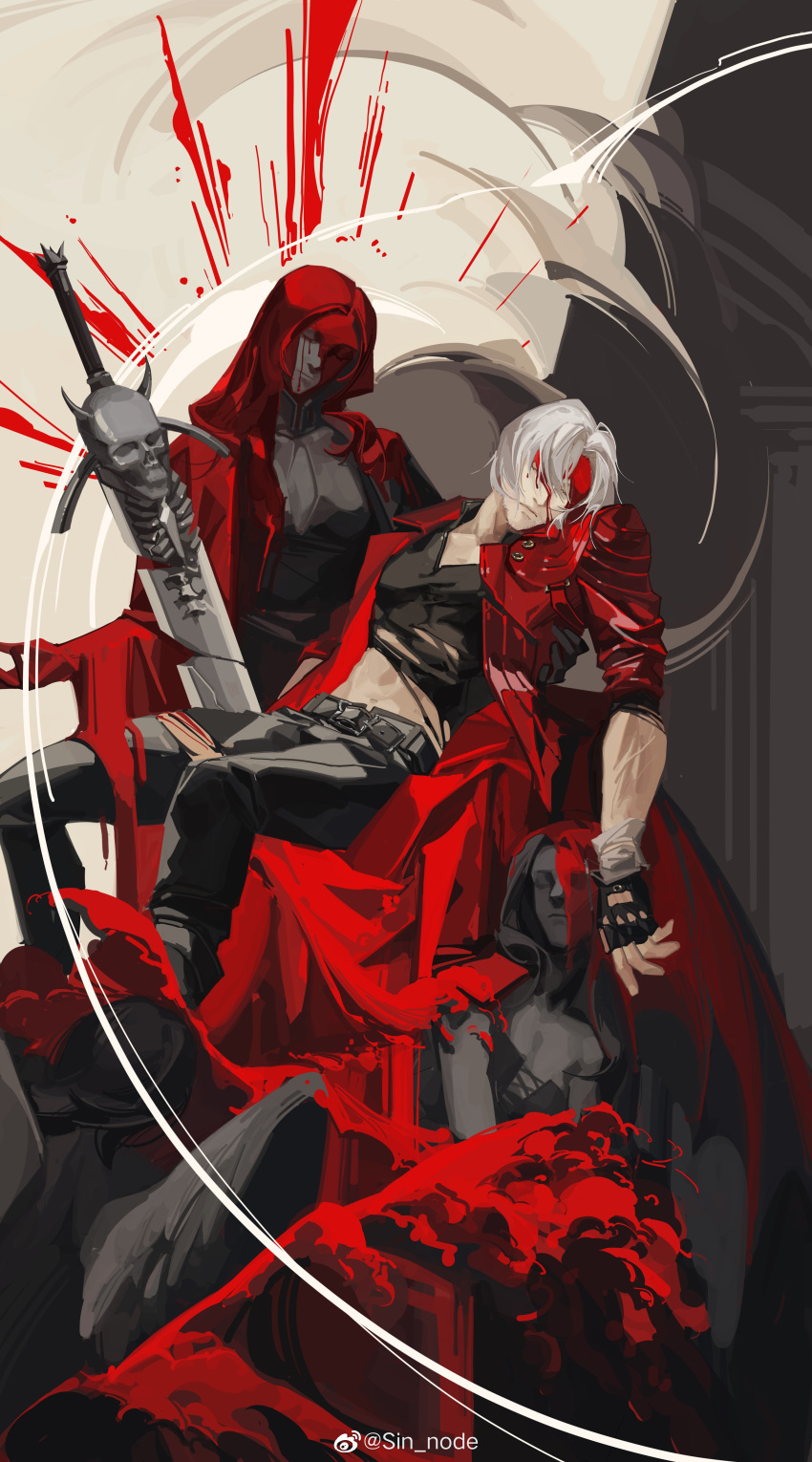 1boy absurdres black_gloves blood blood_on_face coat dante_(devil_may_cry) devil_may_cry_(series) devil_may_cry_5 eva_(devil_may_cry) fingerless_gloves gloves highres holding male_focus mother_and_son rebellion_(sword) red_coat sin_node trish_(devil_may_cry) white_hair