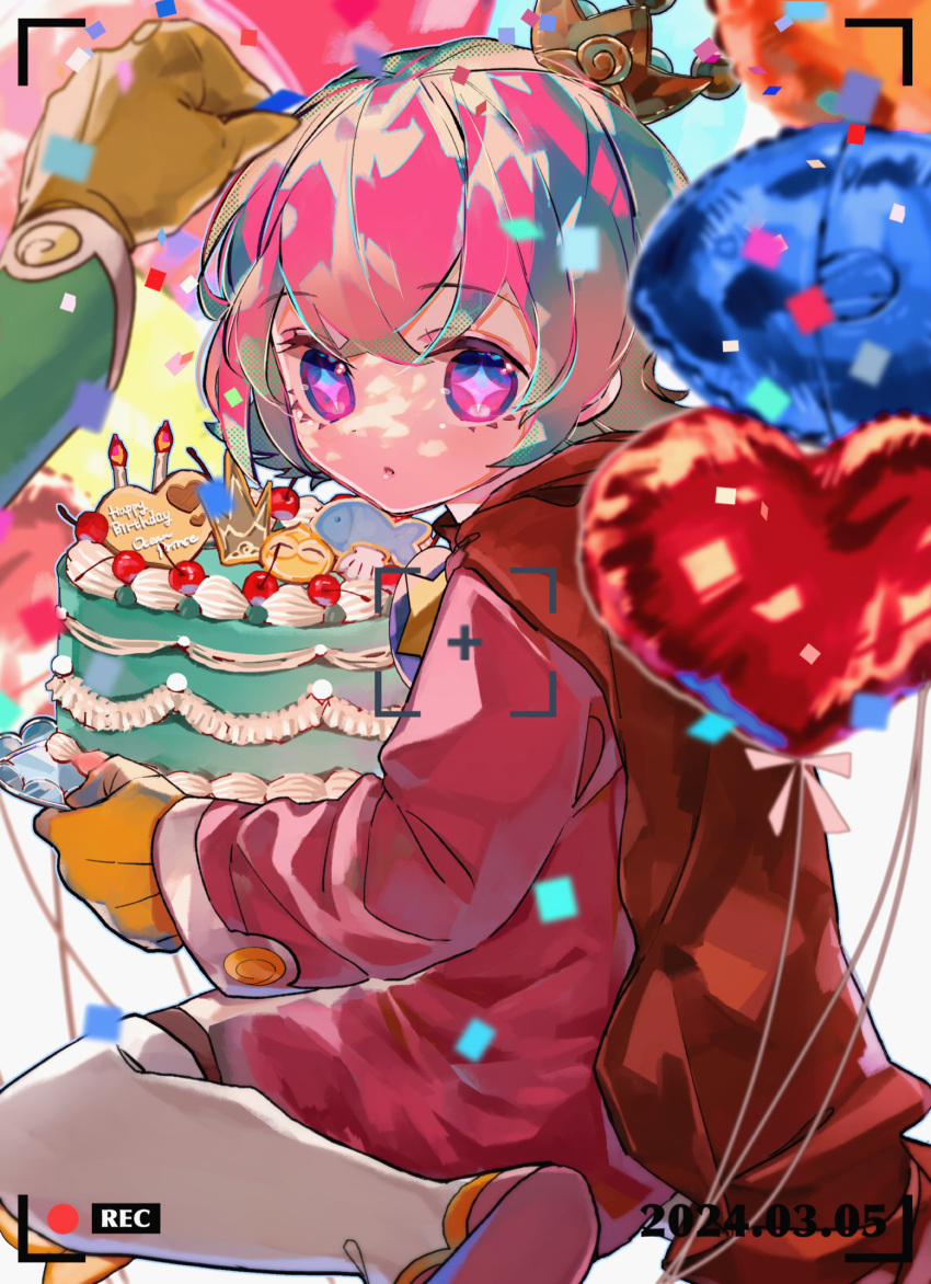 2boys absurdres androgynous balloon brown_gloves candle cape character_cookie cherry confetti eyelashes food fruit gloves happy_birthday heart_balloon highres kneeling looking_at_viewer merumerumerume multiple_boys ocean_prince otomo_(puyopuyo) out_of_frame parted_lips pink_hair puyo_(puyopuyo) puyopuyo puyopuyo_fever red_cape salde_canarl_shellbrick_iii thigh-highs violet_eyes white_thighhighs yellow_gloves