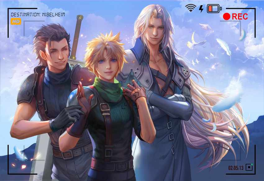 3boys armor asymmetrical_gloves belt bird black_coat black_gloves black_hair black_pants blonde_hair blue_eyes blue_sky blue_sweater buster_sword chest_strap closed_eyes cloud_strife clouds cloudy_sky coat commentary cross_scar crossed_arms elbow_gloves english_commentary english_text falling_feathers fan_yang_(jiuge) feathers final_fantasy final_fantasy_vii final_fantasy_vii_remake gloves green_eyes green_scarf grey_hair grin hair_slicked_back hand_on_another's_wrist hand_up hands_up happy high_collar leather_belt light_particles long_coat long_hair long_sleeves looking_at_another looking_at_viewer male_focus mountainous_horizon multiple_belts multiple_boys open_clothes open_coat pants parted_bangs pauldrons scar scar_on_face scarf sephiroth short_hair shoulder_armor sky sleeveless sleeveless_sweater sleeveless_turtleneck sleeves_rolled_up smile standing suspenders sweater sword sword_on_back turtleneck turtleneck_sweater upper_body very_long_hair viewfinder weapon weapon_on_back white_bird white_feathers wind zack_fair