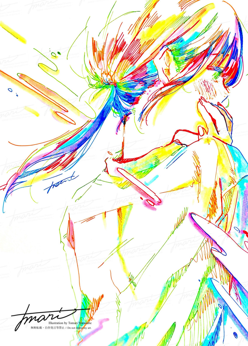 1girl blue_hair blush collared_shirt colorful from_behind green_eyes green_hair hand_on_own_cheek hand_on_own_face highres long_bangs long_hair looking_to_the_side low_ponytail multicolored_hair nape original redhead shirt signature simple_background solo traditional_media upper_body watanabe_tomari watermark white_background white_shirt