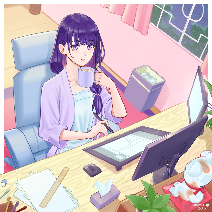 1girl absurdres afureru_colors artist_name braid camisole chair cup genshin_impact hair_over_shoulder highres holding holding_cup holding_pen indoors jacket mole mole_under_eye monitor parted_lips pen purple_hair purple_jacket raiden_shogun single_braid solo trash_can violet_eyes white_camisole window