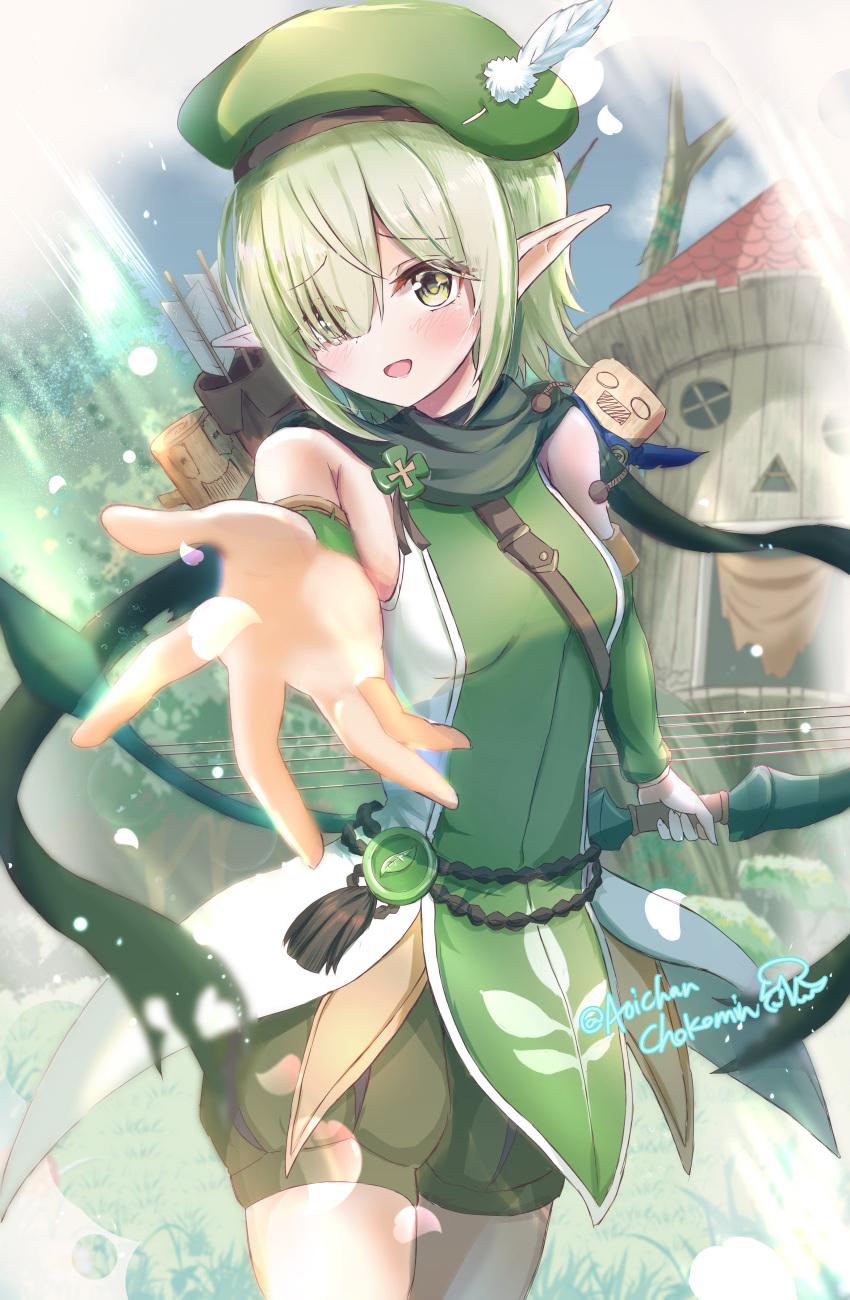 1girl absurdres aoi_(princess_connect!) bare_shoulders beret bow_(weapon) chokomin clover_ornament cowboy_shot detached_sleeves elf feathers green_hair green_hat green_scarf green_shirt green_shorts green_sleeves hair_over_one_eye hat hat_feather highres holding holding_bow_(weapon) holding_weapon looking_at_viewer open_mouth outstretched_hand pointy_ears princess_connect! puffy_shorts quiver scarf shirt shorts signature sleeveless sleeveless_shirt smile solo two-tone_shirt weapon white_feathers white_shirt yellow_eyes