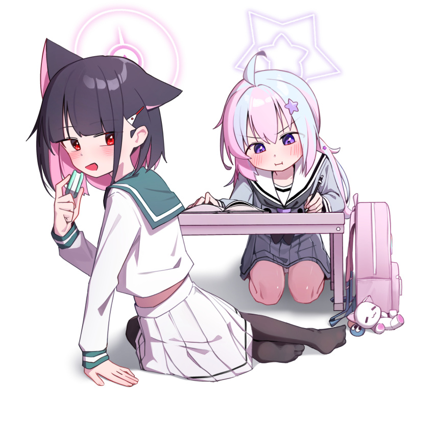 2girls animal_ears bag black_hair black_pantyhose blue_archive blue_hair blush book cat_ears closed_mouth colored_inner_hair food grey_skirt hair_ornament hairclip halo highres holding holding_food holding_pen kazusa_(blue_archive) long_hair long_sleeves macaron multicolored_hair multiple_girls no_shoes open_book open_mouth pantyhose pen pink_hair purple_halo red_eyes reisa_(blue_archive) seiza shirt short_hair simple_background sitting skirt star_(symbol) star_hair_ornament table violet_eyes white_background white_shirt white_skirt whonyang writing