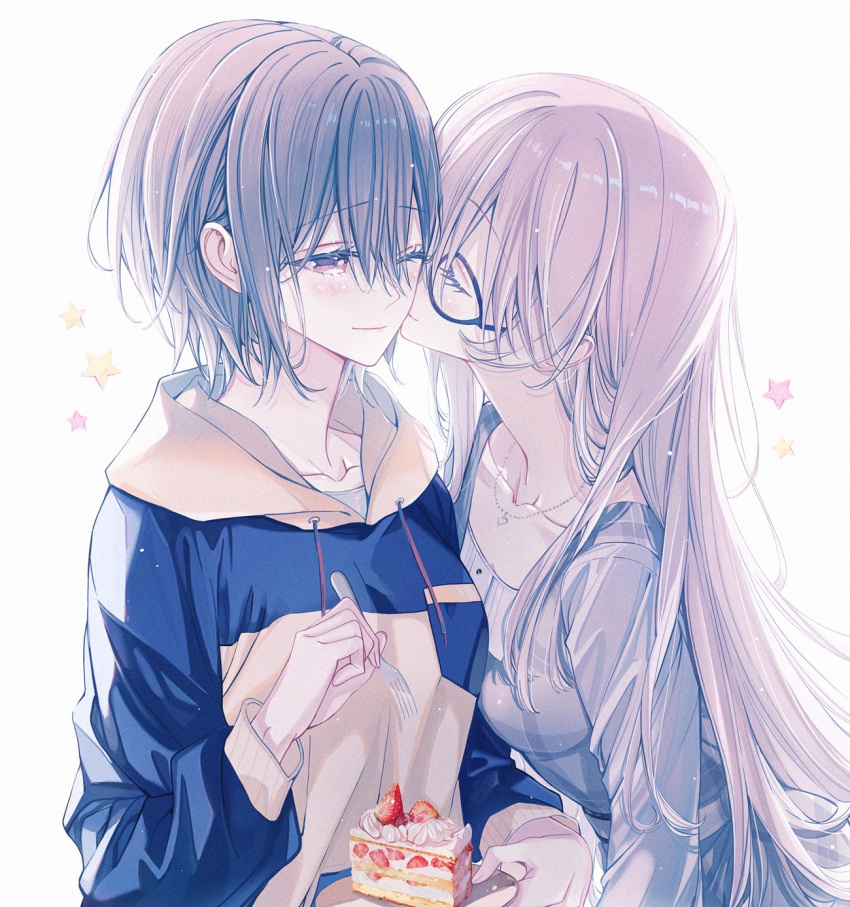2girls bang_dream! bang_dream!_it's_mygo!!!!! blackfangs blue_hoodie cake cake_slice chihaya_anon chinese_commentary closed_eyes closed_mouth commentary_request drawstring dress food fork fruit glasses grey_dress grey_hair heart heart_necklace highres holding holding_fork holding_plate hood hoodie jewelry kiss kissing_cheek light_particles long_sleeves multiple_girls necklace one_eye_closed pink_hair plate star_(symbol) strawberry strawberry_shortcake takamatsu_tomori violet_eyes yellow_hoodie yuri