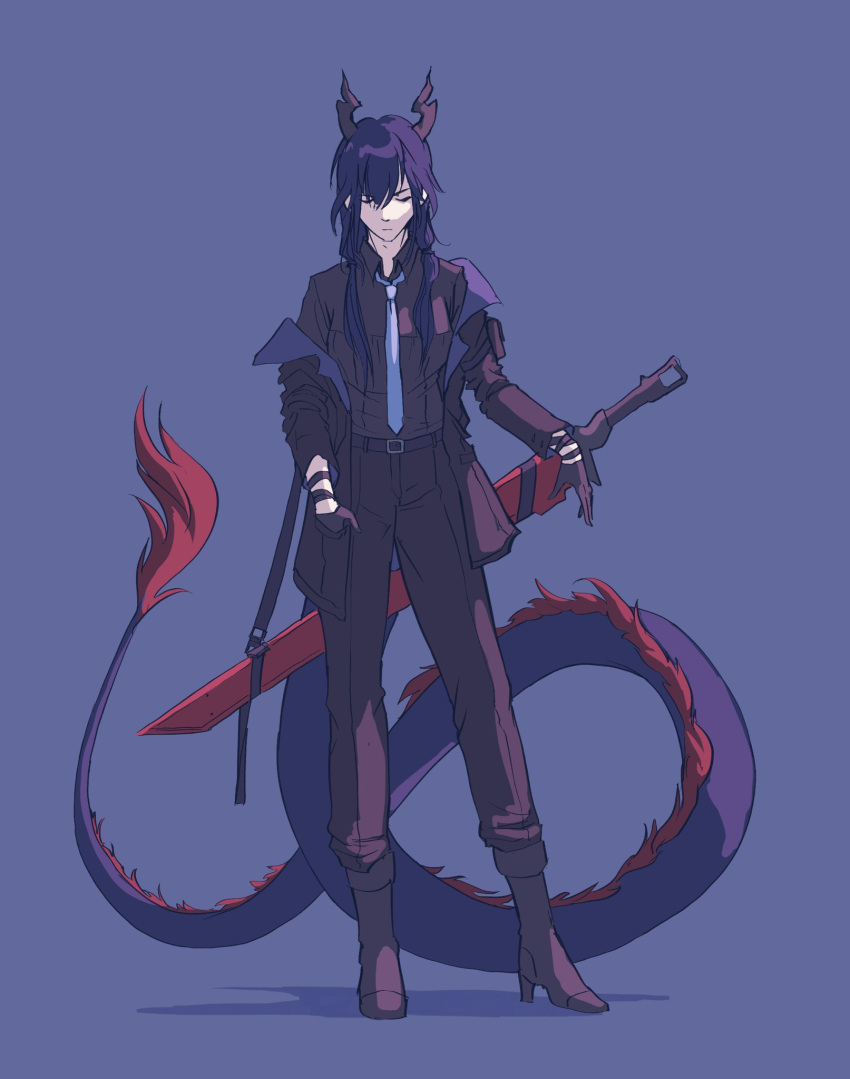 1girl arknights black_suit blue_background blue_hair blue_necktie boots business_suit ch'en_(arknights) chi_xiao_(arknights) closed_eyes collared_shirt commentary dragon dragon_girl dragon_horns dragon_tail eastern_dragon english_commentary fabledtactician gloves hair_between_eyes highres horns jacket necktie pant_suit pants shirt simple_background solo suit suit_jacket sword tail weapon