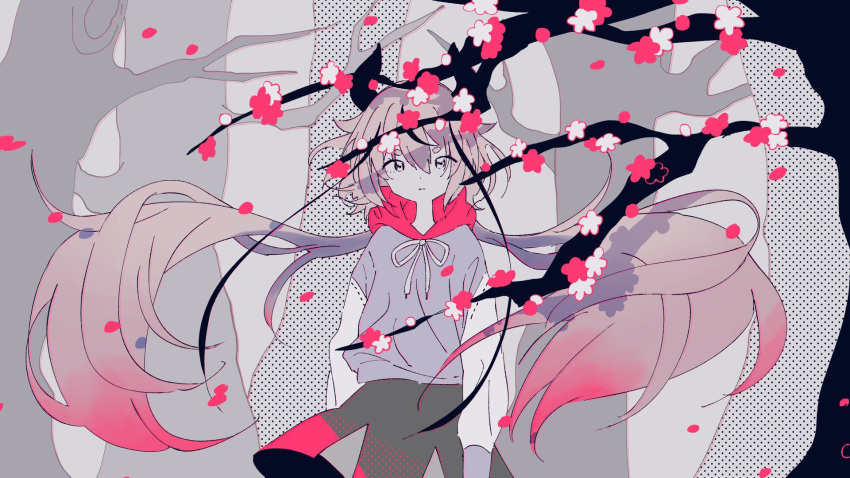 1other alternate_costume arms_at_sides black_hair black_skirt branch buglug_(vocaloid) commentary_request cowboy_shot expressionless falling_petals floating_hair flower grey_background grey_hoodie highres hikimayu hood hoodie horns long_hair long_sleeves looking_at_viewer low_twintails meika_hime mitsuki_sanagi multicolored_hair parted_lips petals pink_hoodie plum_blossoms shadow skirt solo standing straight-on streaked_hair tied_drawstring tree twintails very_long_hair vocaloid